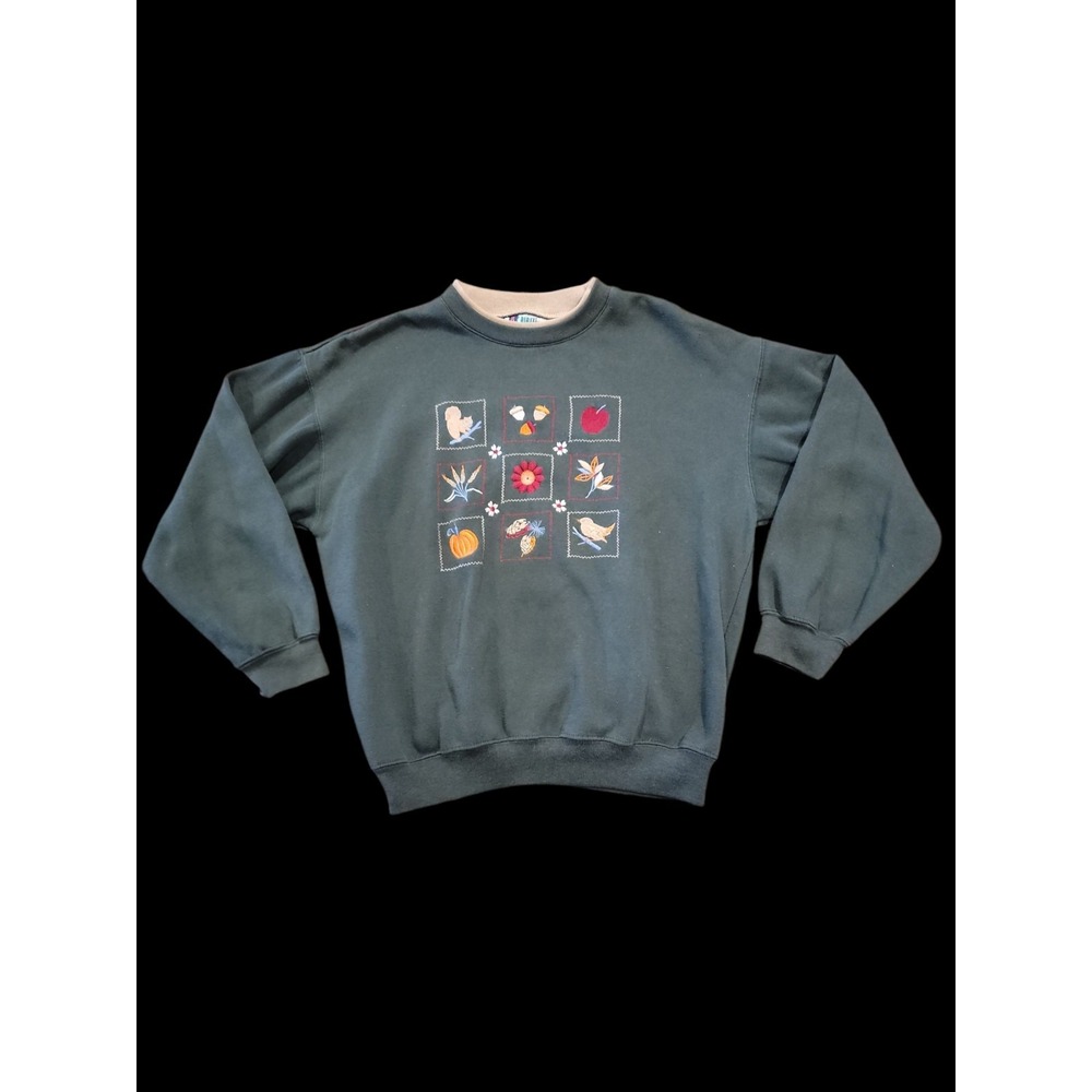 M - Vtg Bold Spirit Autumn Harvest Sweatshirt Embroidered Cottagecore Squirrel